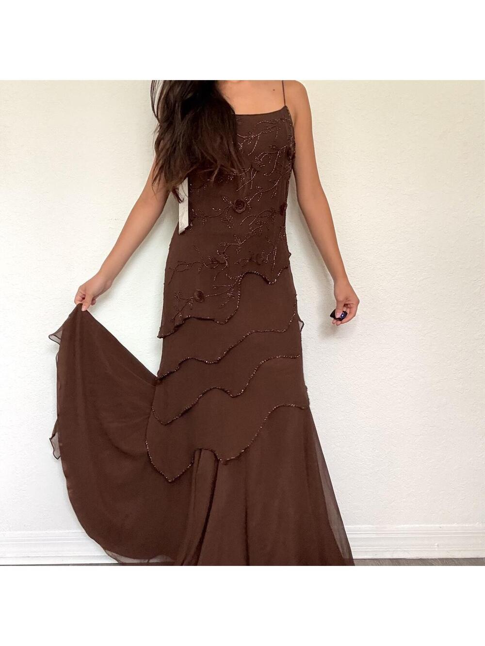 Deadstock Y2K Prettiere brown silk beaded ruffle maxi dress